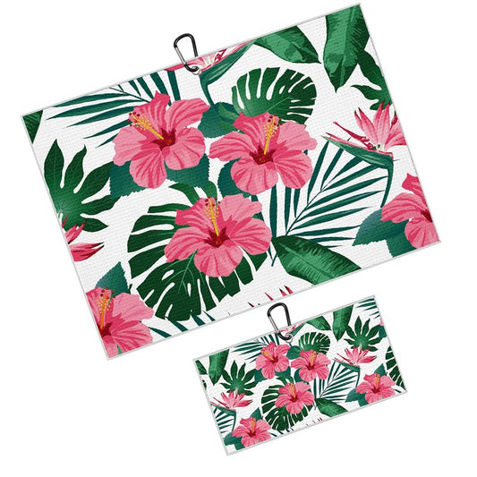 BEITUOLA Tropical Floral Golf Towel 2 Packs for Golf Bags Men Women Hawaiian Plants Pink Hibiscus Flowers Microfiber Waffle Towel with Clip Funny Golf Gift Accessories