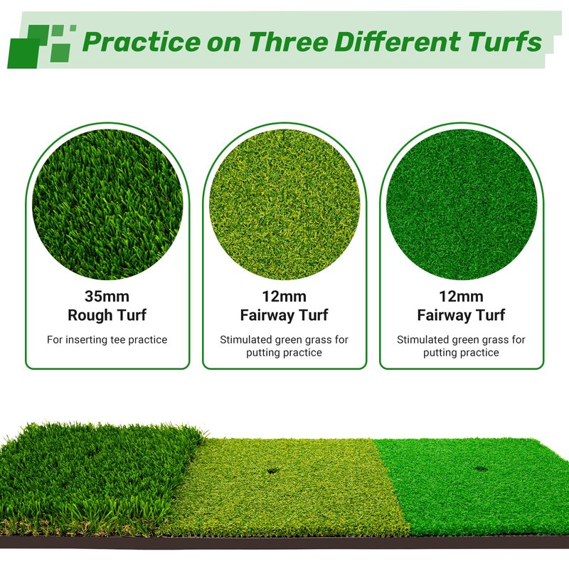 3-in-1 Golf Chipping Mat – Tri-Turf Golf Practice Mat for Indoor & Outdoor Use, Durable Grass Hitting Pad for Driving, Chipping & Putting Training, Portable Backyard Golf Trainer