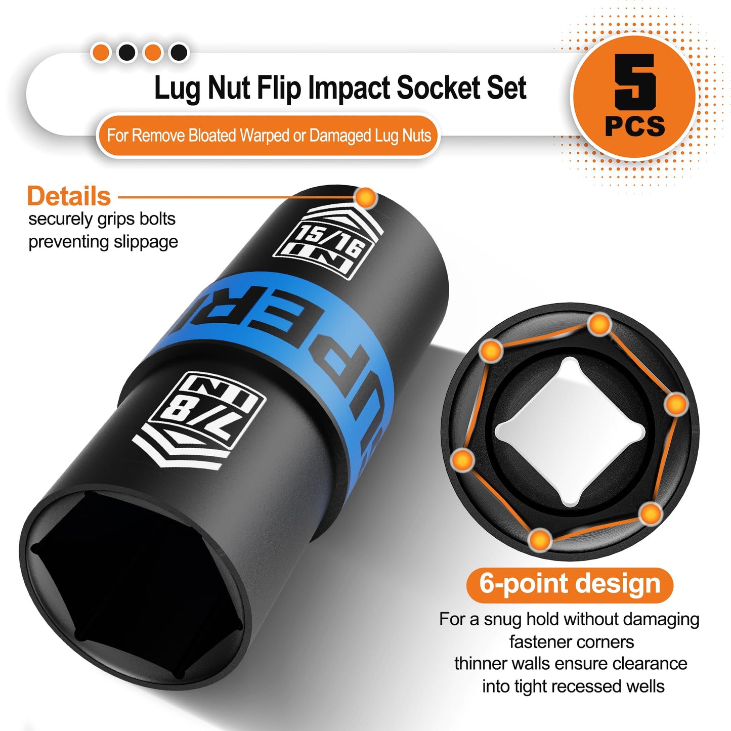 Aiourx 1/2" Drive Lug Nut Impact Socket Set, 5 Pcs Impact Sockets, Flip Socket Set, Thin Wall Nut Sockets with 3" Extension Bar, Remove Bloated Warped, Damaged Lug Nuts