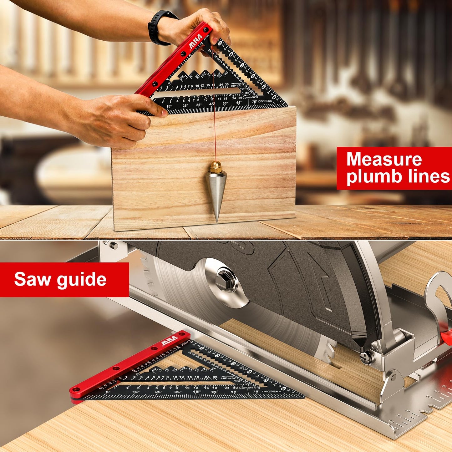 VNW 7inch Rafter Square with Carpenter Pencil, 1/8" Precision Heavy Duty Aluminum Woodworking Rule,Triangle Ruler Measuring Layout Tool (Black, Rafter Square)