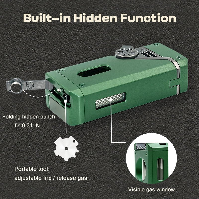 VloEssic 5 in 1 Butane Torch Lighter, 4 Jet Flame, Butane Lighter Refill Built-in V Cutter, Punch, Holder, Nubber, Windproof Jet Lighter for Candles, Cool Lighters Gift for Men (Without Gas) (Green)