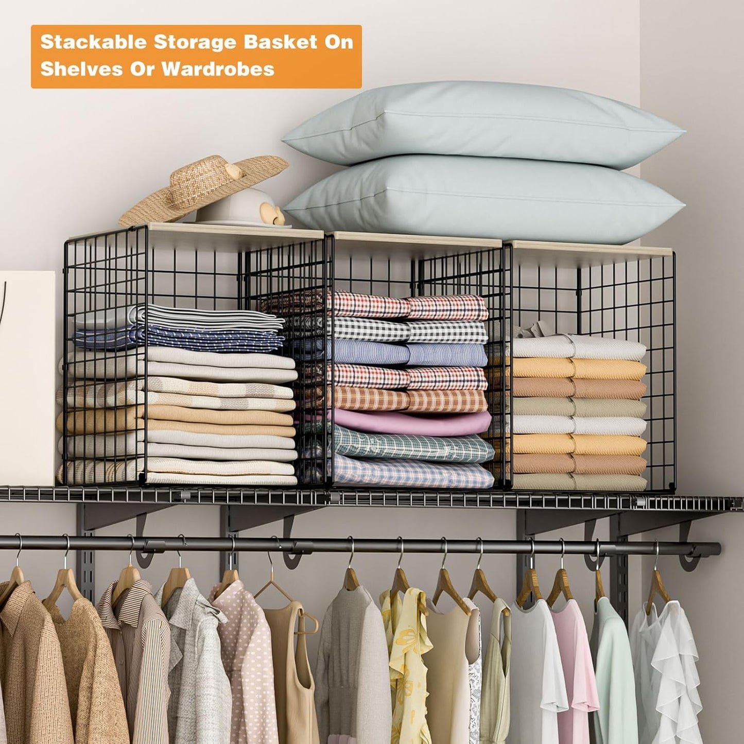 Skiennix Closet Organizer Set - Sturdy Stackable Wire Storage Bins with Wood Top - Black, Set of 3