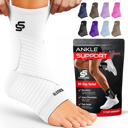 Sleeve Stars Ankle Brace for Women & Men, Ankle Wrap for Sprained Ankle, Compression Sleeve for Plantar Fasciitis Relief, Easy Customizable Support: w/Removable Strap (Single/L:12"-13"/White)