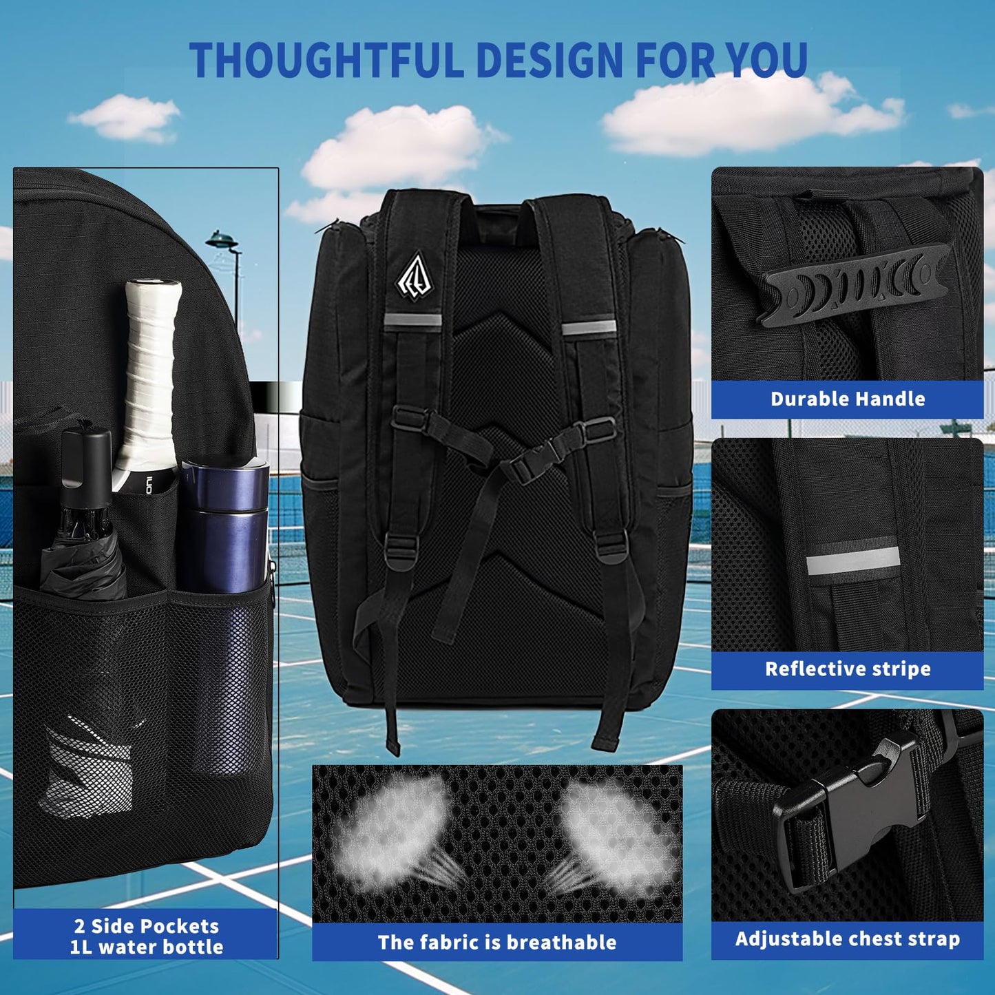 Gemgoal Extra Large Pickleball Bag for Men with Shoe Compartment Pickleball Backpack for 4 Rackets with Fence Hook Paddle Compartments Balls Holder Multiple Compartments
