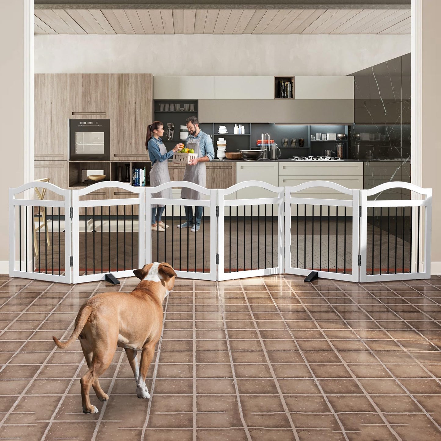 ZJSF Freestanding Foldable Dog Gate Indoor, Pet Gate for Doorways, Dog Fence for The House, Sturdy Wood Puppy Gate for Stairs, White Pet Gate with Support Feet for Hallways, 24 "Height-6 Panels