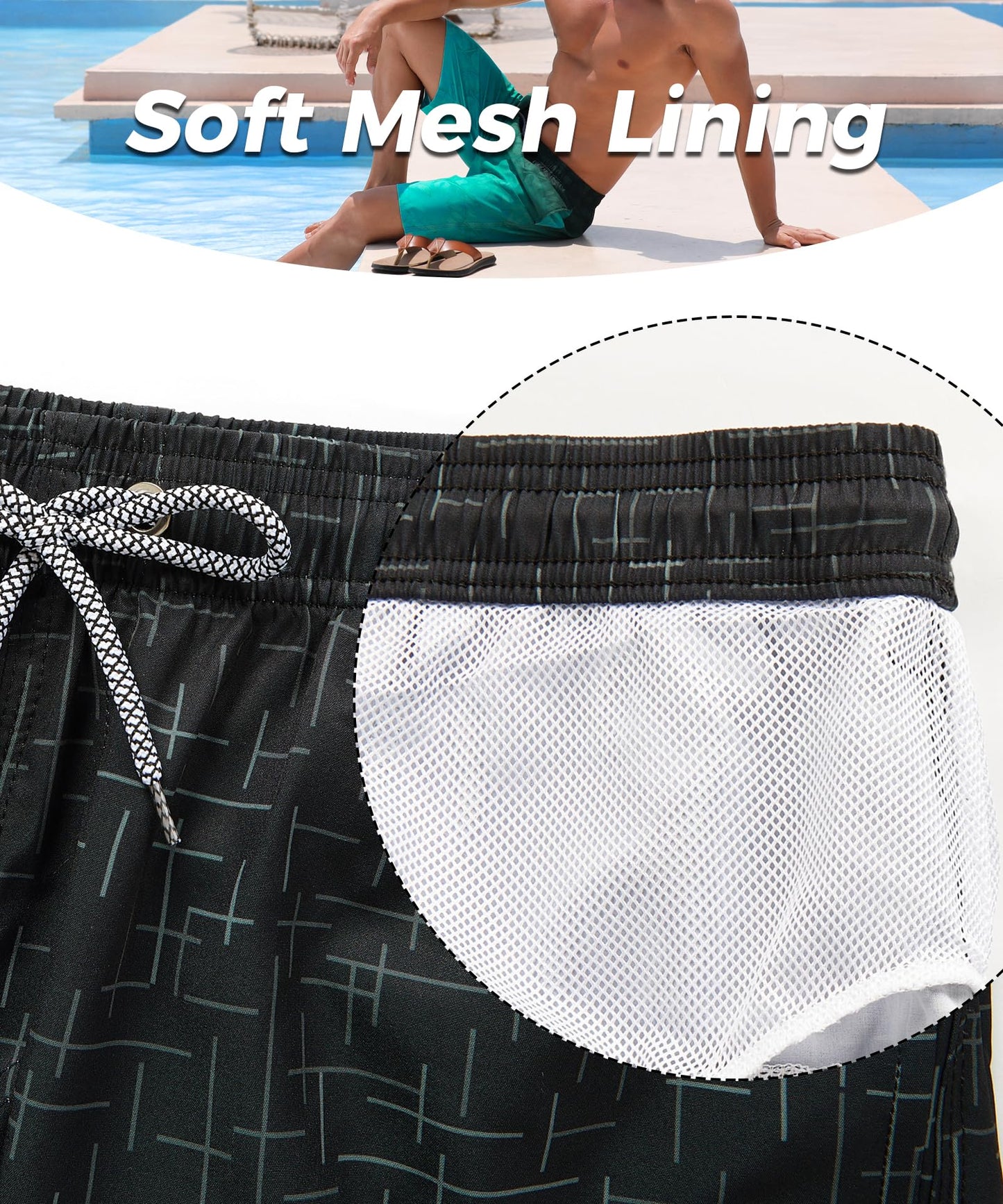 ELETOP Men's Swim Trunks Quick Dry Bathing Suit Swimming Board Shorts Mesh Lining Beach Swimwear Line Black L