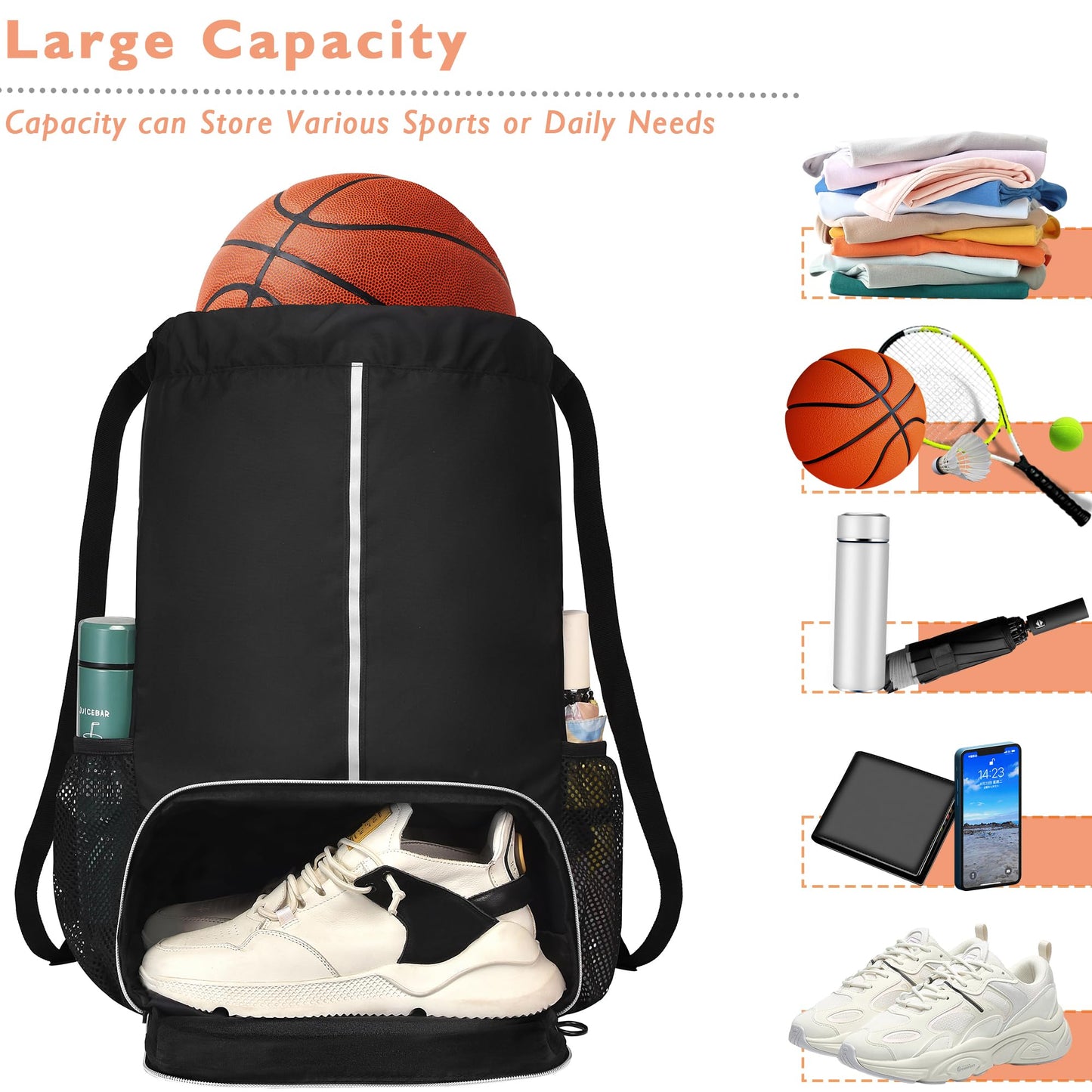 GiMiUiTo Large Waterproof Drawstring Backpack Bag with Separate Shoe Compartment,Sports Backpack for Gym, Sports,Travel,Black