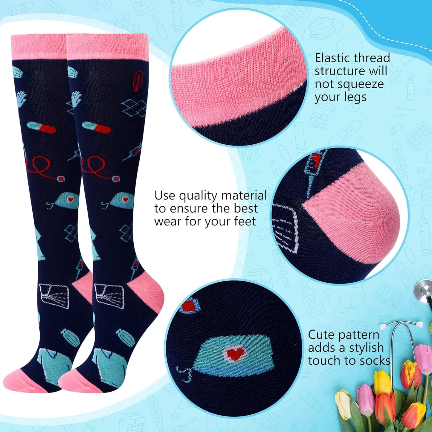 Wesiti Compression Socks for Women - 7 Pairs Knee-High Athletic Medical Socks | Perfect Nurse Gifts