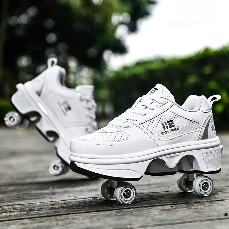 Pairobin 2-in-1 Roller Skates Shoes with Retractable 4 Wheels & Pop-Out Deformation Sneakers Outdoor Sports Skating Shoes for Girls Boys, White, 3.5