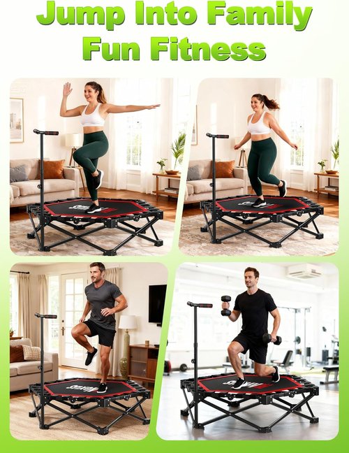 Foldable Mini Trampoline by [Brand Name] - 450lb Capacity Fitness Rebounder with Adjustable T-Bar | Non-Slip Pad for Home or Gym Workouts