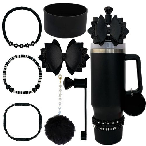 Accessories for Stanley Cup 40oz,3 Decorative Beads Charms for Stanleytumbler,1 Bow Straw Topper,1 Silicone Boot for Stanley40 oz,1 Pompom Ball for Stanleycup Handle,1 Straw Topper Cover (Black)
