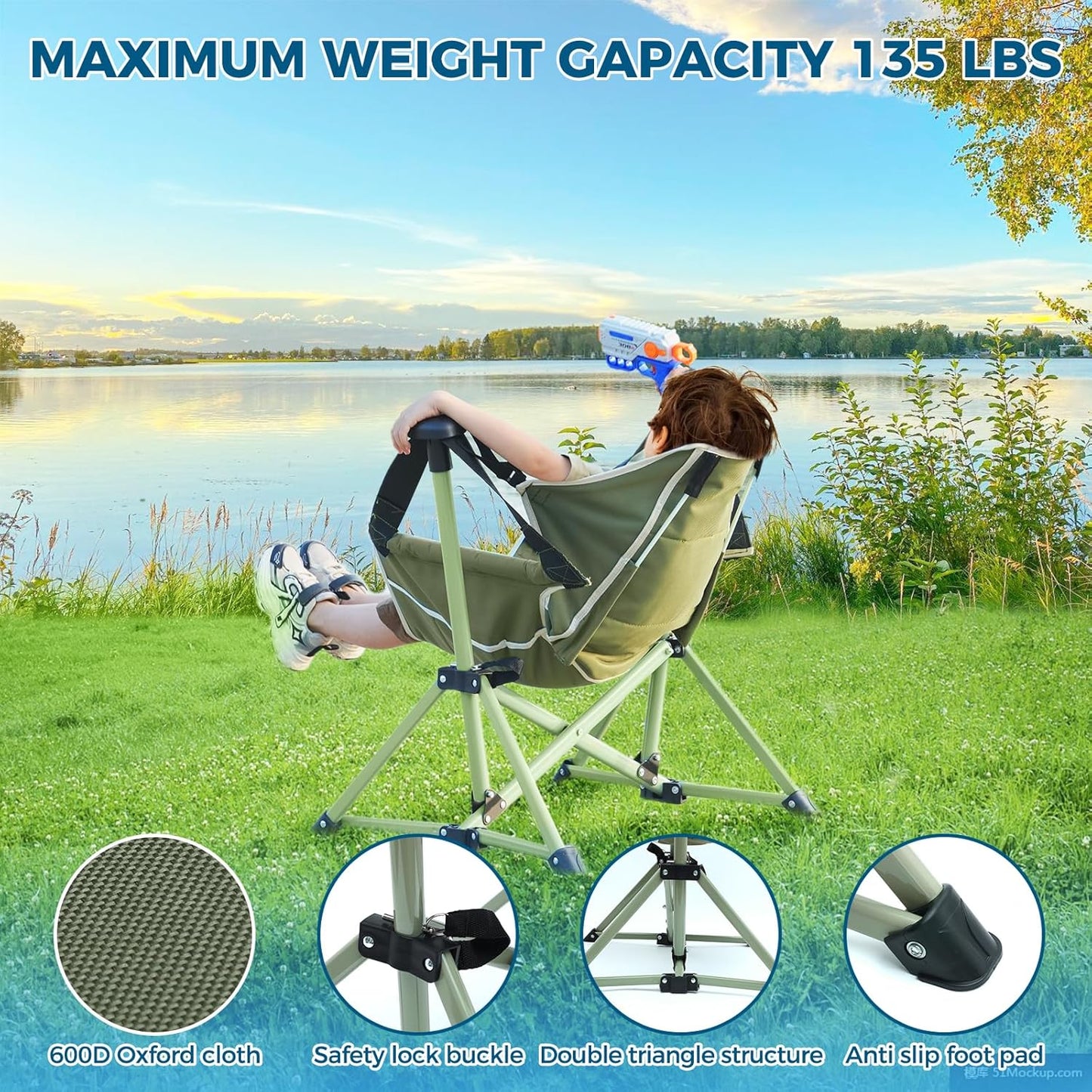 Skiennix Kids Hammock Chair - Adjustable Portable Folding Chair for Camping & Travel | Green, Supports 135 LBS