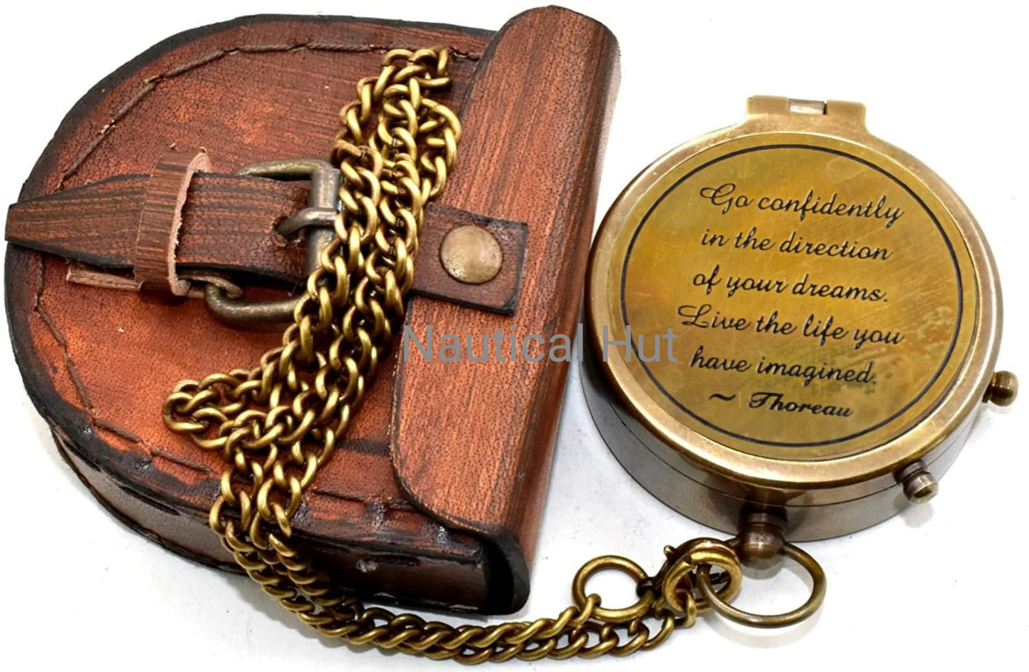 Thoreau's Go Confidently Engraved Solid Brass Nautical Pocket Compass with Leather Case, Brass Compass to Son, Gifts for Men with Famous Poet Quotes, Graduation Day, Birthday, Easter Gift (XII)