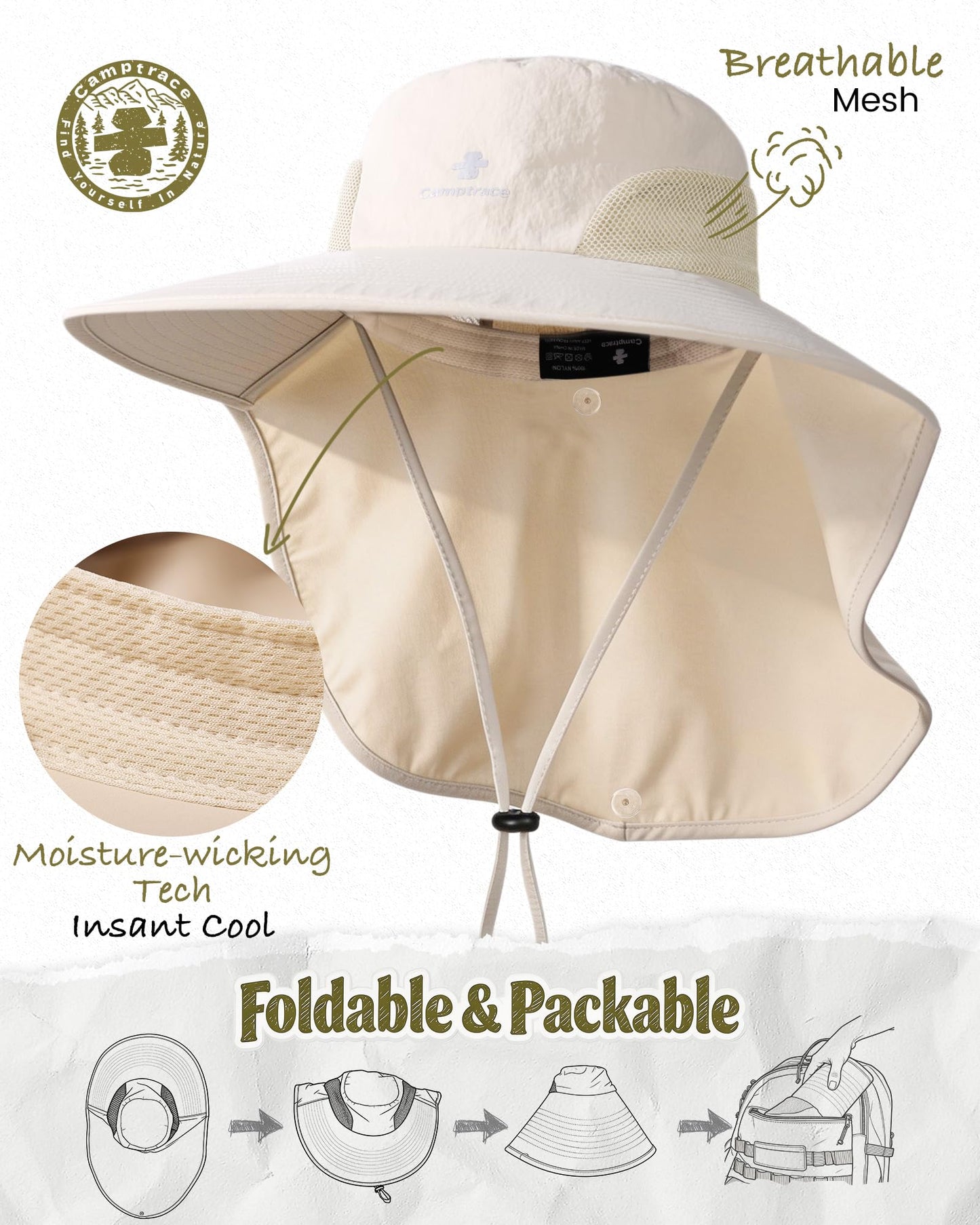 Camptrace Sun Hats for Women Men UPF 50+ UV Protection Wide Brim Hiking Fishing Hat with Neck Flap, Beige
