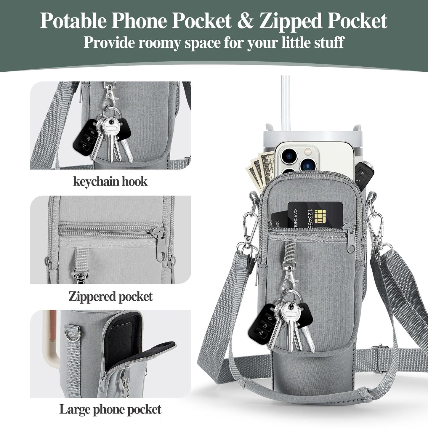 linmaya Water Bottle Carrier Bag for Stanley Cup 40/30oz with Phone Holder Pockets,Neoprene Water Bottle Cross-body Bag with Adjustable Shoulder & Hand Strap Stanley Cup Accessories