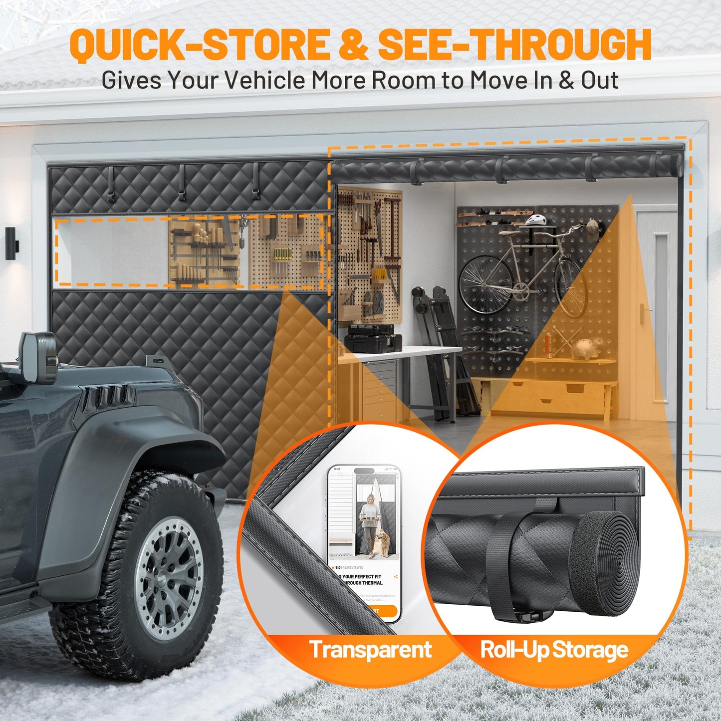 Car Garage Door Insulation Kit Fits 8x7 FT - Magnetic Thermal Insulated Door Curtains for Winter with Clear Window, Garage Door Cover Blanket Panels Screen for 1 Car Garages- Black