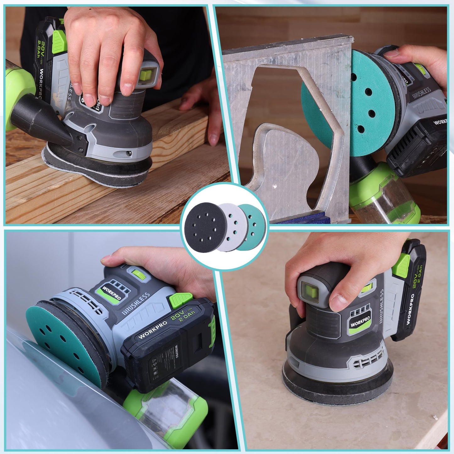 WORKPRO 5 Inch Orbital Sander Interface Pads and Sanding Discs, 3 Foam Buffer Pads & 3 Grit Sandpaper (80/120/240), 8 Hole Hook and Loop Soft Cushion Sponge Backing for Sander