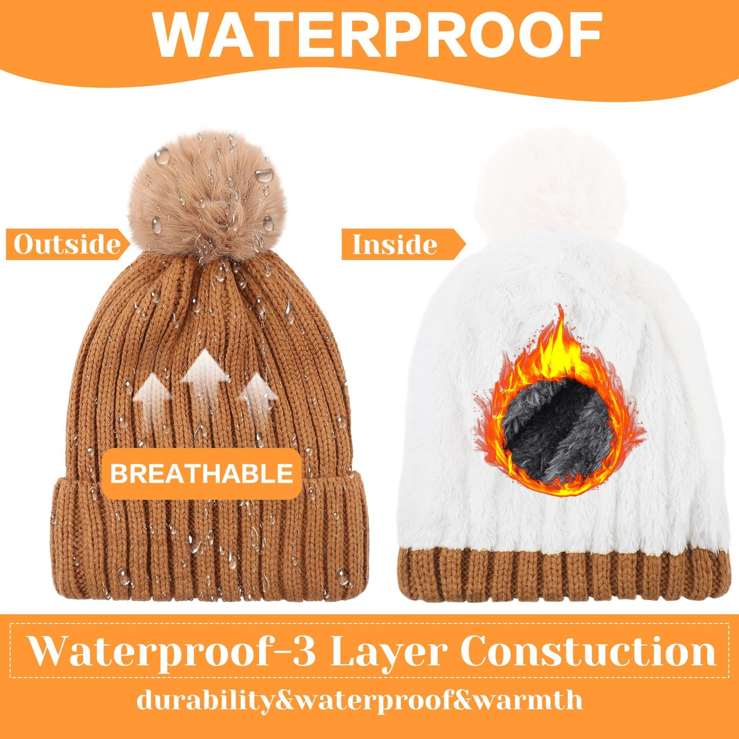 Silicherry 3 Pcs Waterproof Women Winter Pompom Beanie Hat Fleece Lined Warm Hat Thermal Waterproof Windproof Knit Skull Cap Beanie for Women Skiing Cold Weather