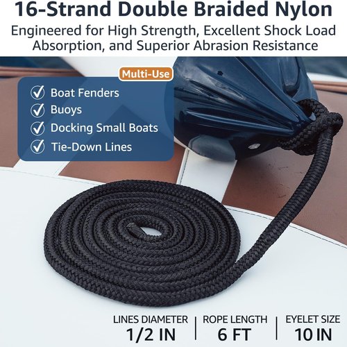 Marine Grade Nylon Boat Fender Lines by [Brand Name] - 4 Pack 1/2" x 6' with 10" Loop for Easy Docking - Durable, Fray Resistant, Black