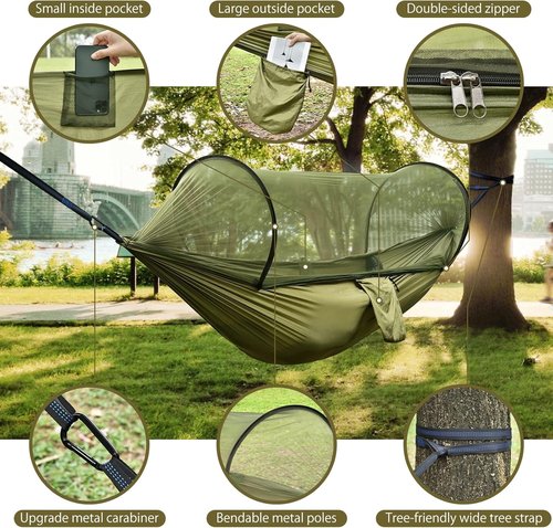FIRINER Camping Hammock with Mosquito Net, Lightweight Portable Double & Single Hammock Tent with 2 Tree Straps, Parachute Nylon Hammock for Outdoor Backpacking Beach Backyard Patio Hiking, Arm Green