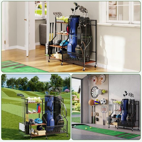 HavenlyYouth Golf Bag Storage Organizer - 360° Swivel Wheels, Wood Shelves, Fits 2 Bags, Anti-Tip Straps