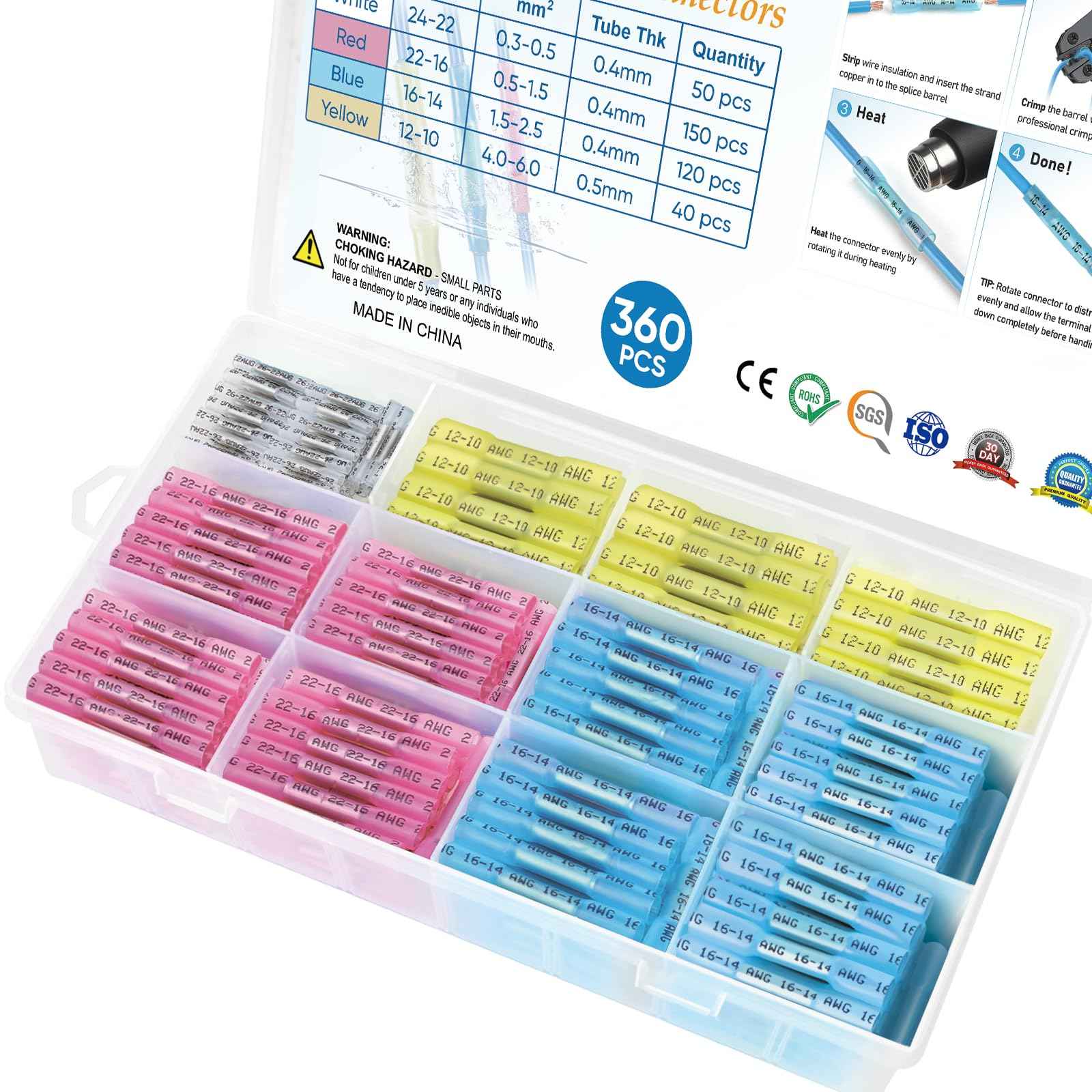 TICONN 360pcs Heat Shrink Butt Connectors Kit, AWG 24 – 10 4 Sizes Butt Splice, Insulated Waterproof Electrical Marine Automotive Wire Crimp Terminals (360pcs)
