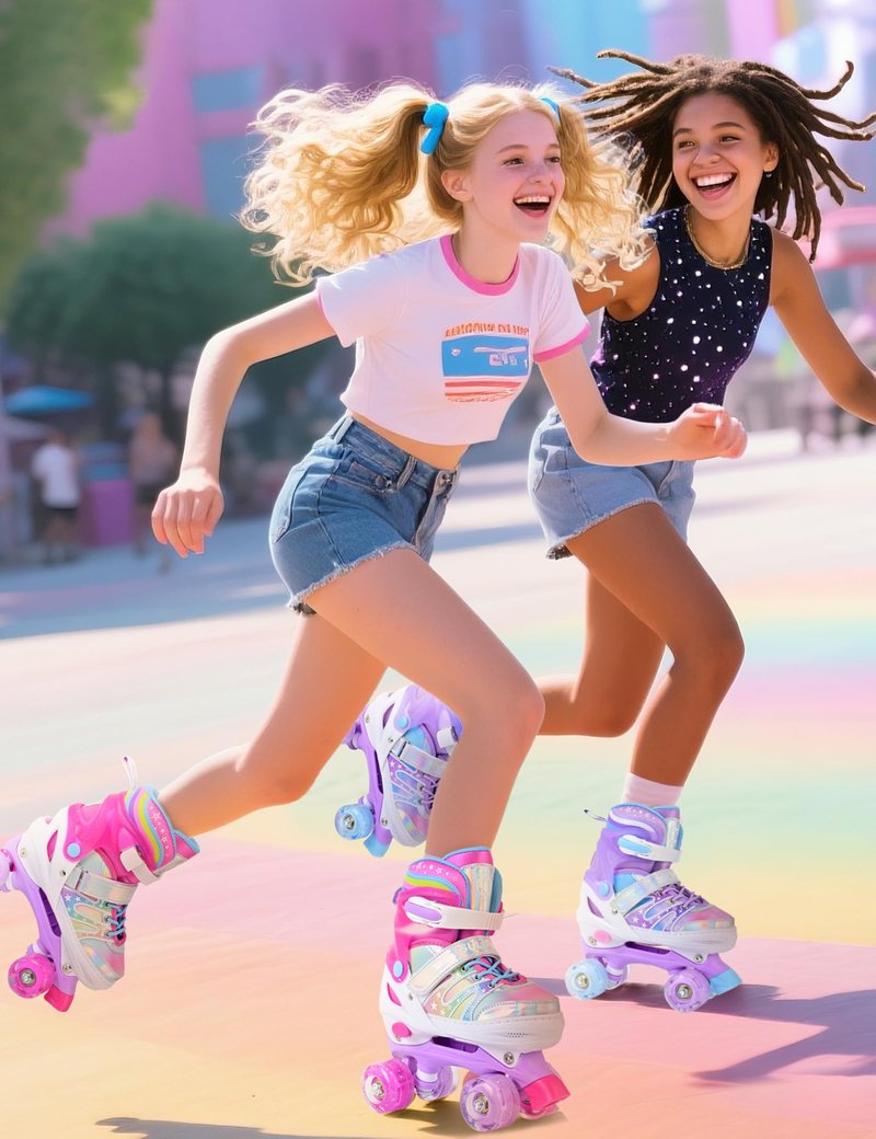SULIFEEL Rainbow Tie-Dye Adjustable Roller Skates for Girls Kids Ages 3-5 5-8 6-12 Pink Purple Light Up Skate with Fluffy Pom Poms Triple Protection for Indoor Outdoor Skating