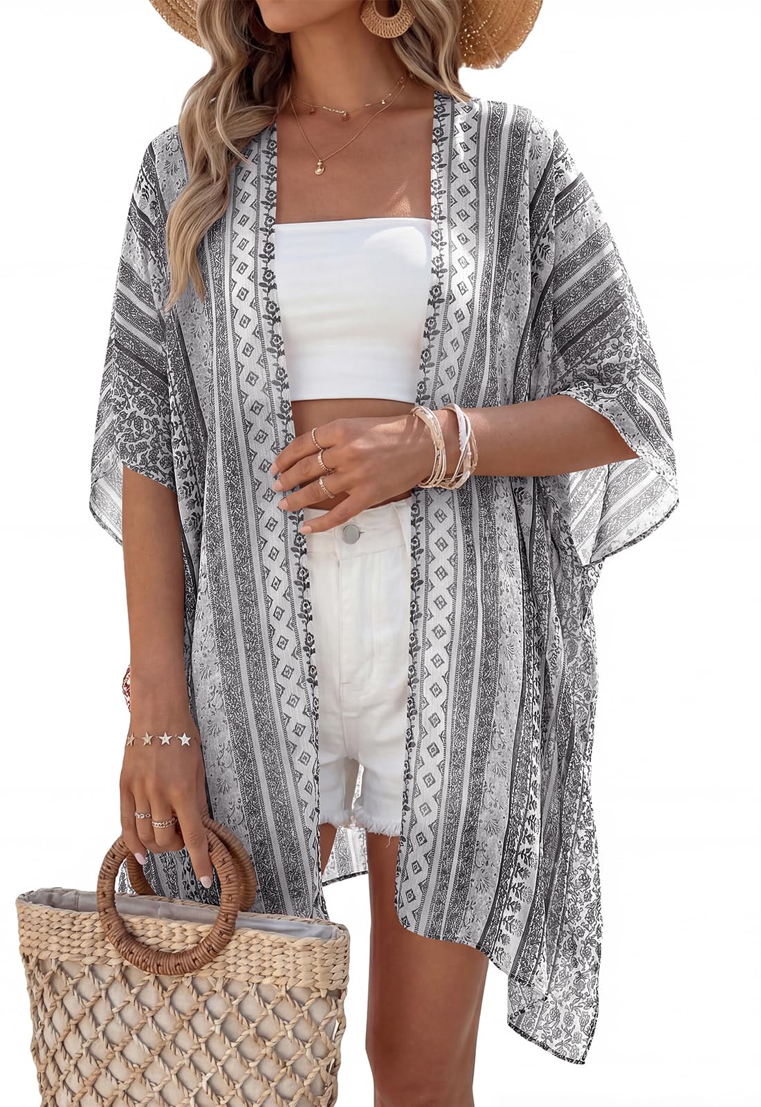 PRETTYGARDEN Summer Kimonos for Women Boho Floral Short Sleeve Kimono Cardigans Swimsuit Beach Cover Ups for Women Swimwear (Grey Floral, Large)