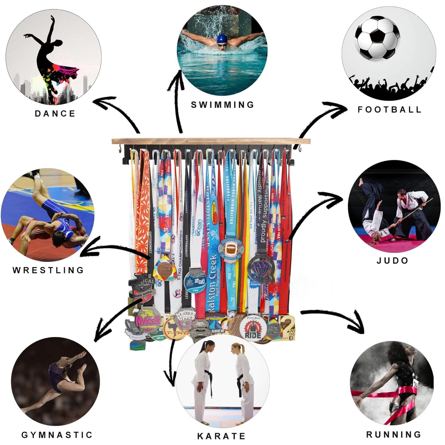 Defined Deco Medal Hanger Display and Trophy Shelf with 32 Hooks-Wooden Medal Holder for Wall Mount Ribbon Display,Soccer, Running Race Medals Awards Rack.
