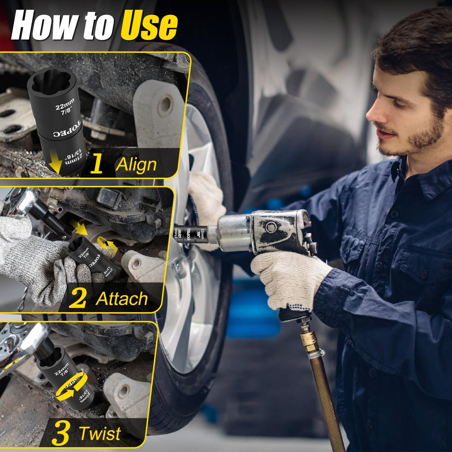 Topec 21mm x 22mm Flip Lug Nut Extractor, 1/2" Drive Lug Nut Removal Tool, 2-IN-1 Wheel Lock Remover Socket