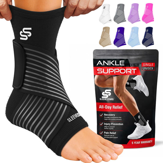 Sleeve Stars Ankle Brace for Women & Men, Ankle Wrap for Sprained Ankle, Compression Sleeve for Plantar Fasciitis Relief, Easy Customizable Support: w/Removable Strap (Single/L:12"-13"/Black)