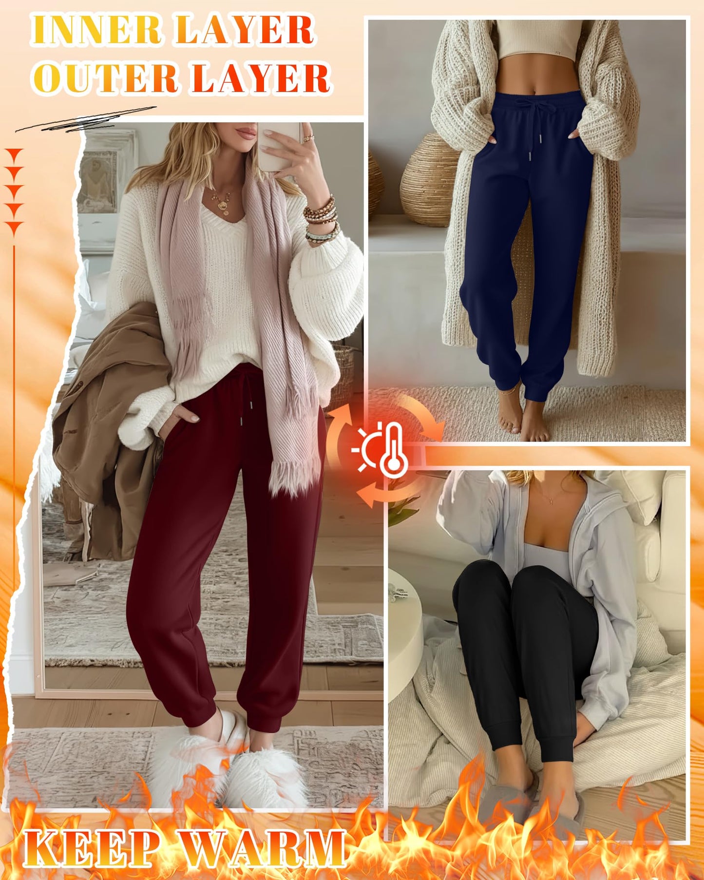 Velvelhall 3 Pack Women's Fleece Lined Joggers Thermal Lounge Sweatpants Elastic Waist Drawstring Yoga Pants with Pockets(Wine Red, Navy Blue, Black,Large)