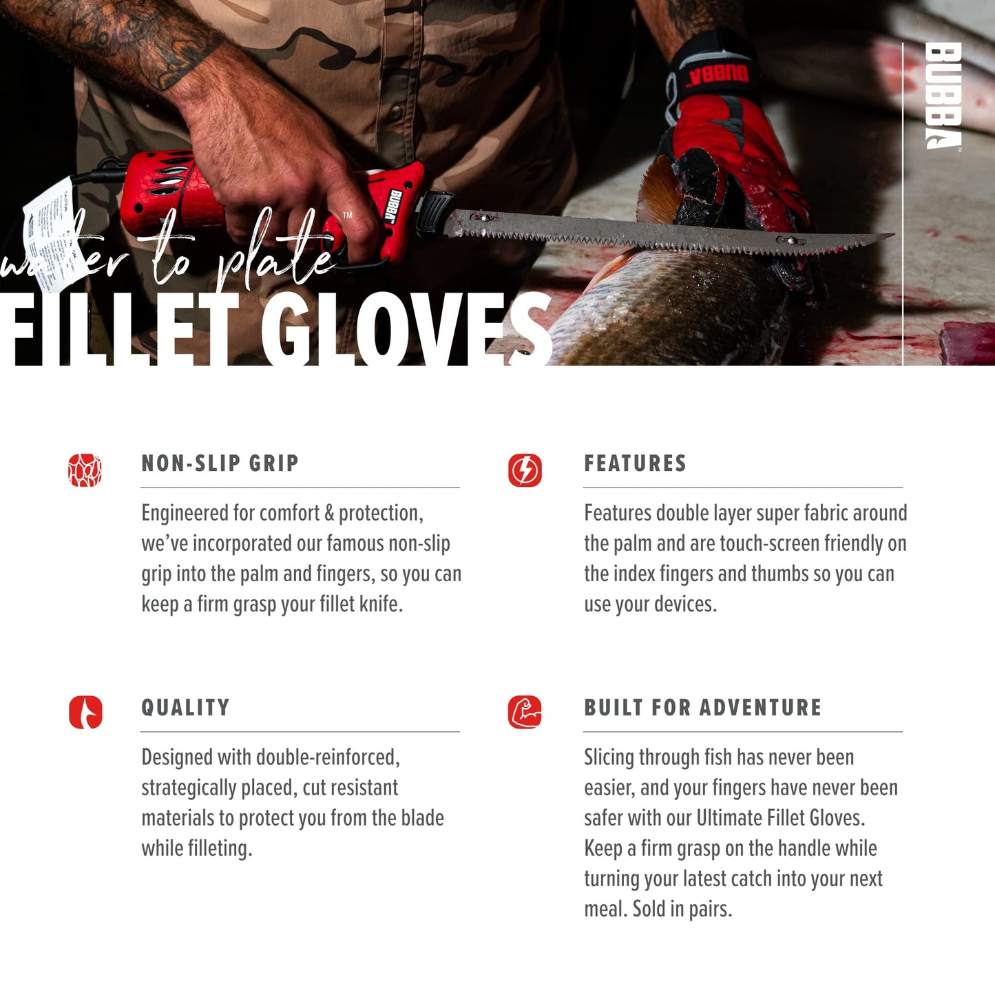 BUBBA Ultimate Fillet Gloves with Cut Resistant Construction and Touch Screen Usability for Fishing, Angling, Boating and Outdoors, X-Large