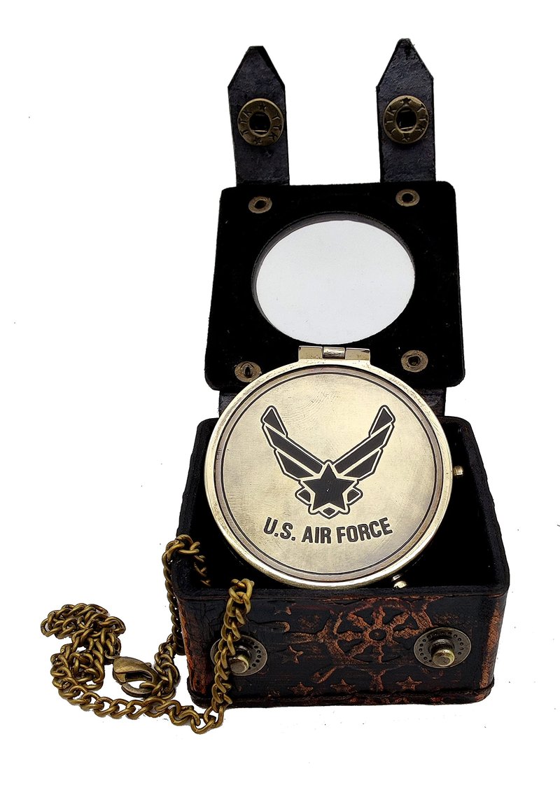 5MoonSun5's US AIR Force Engraved Brass Military Compass Nautical Marine with Leather Display Case - Perfect and Unique Gift for Army Person - Survival Navigation Compass for Hiking Camping Hunting
