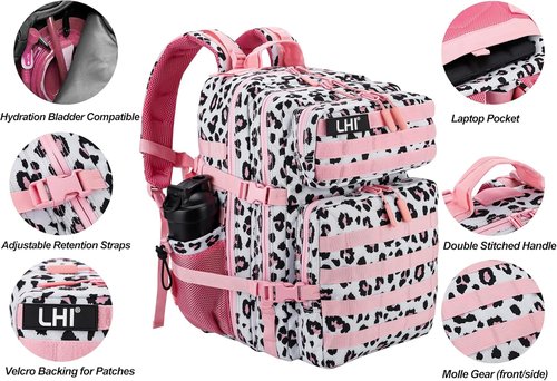 LHI Military Tactical Backpack - 45L Army Assault Pack with Molle System | Pink Leopard Design