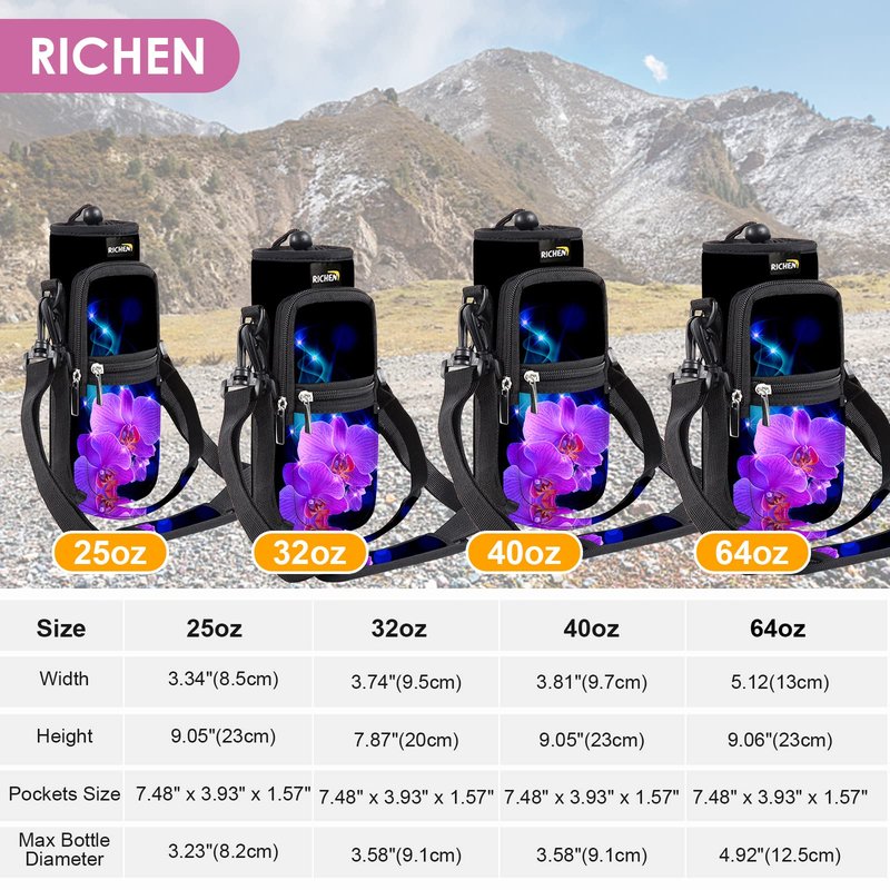 RICHEN Neoprene Water Bottle Carrier Bag 25/32/40/64 oz, Bottle Pouch Holder with Adjustable Padded Shoulder & Handle Strap and Front Pockets for Hiking Travelling Camping (Phalaenopsis, 25oz)
