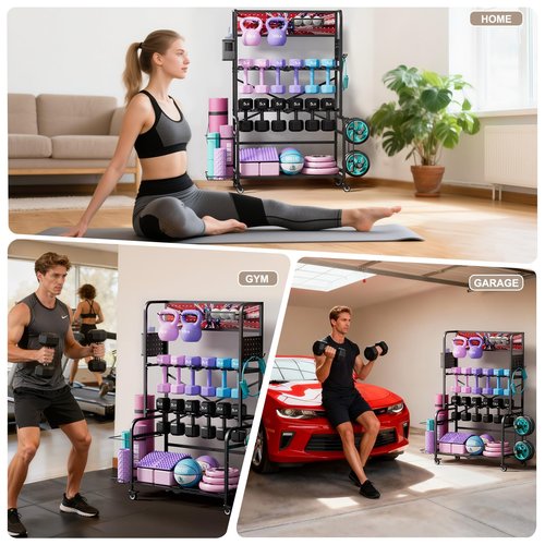 YiiMeeCoo Home Gym Storage System with Wheels, Vertical Dumbbell Rack and Workout Equipment Organizer, All-in-One Fitness Storage for Dumbbells, Kettlebells, Yoga Mats, Balls and Accessories, Steel