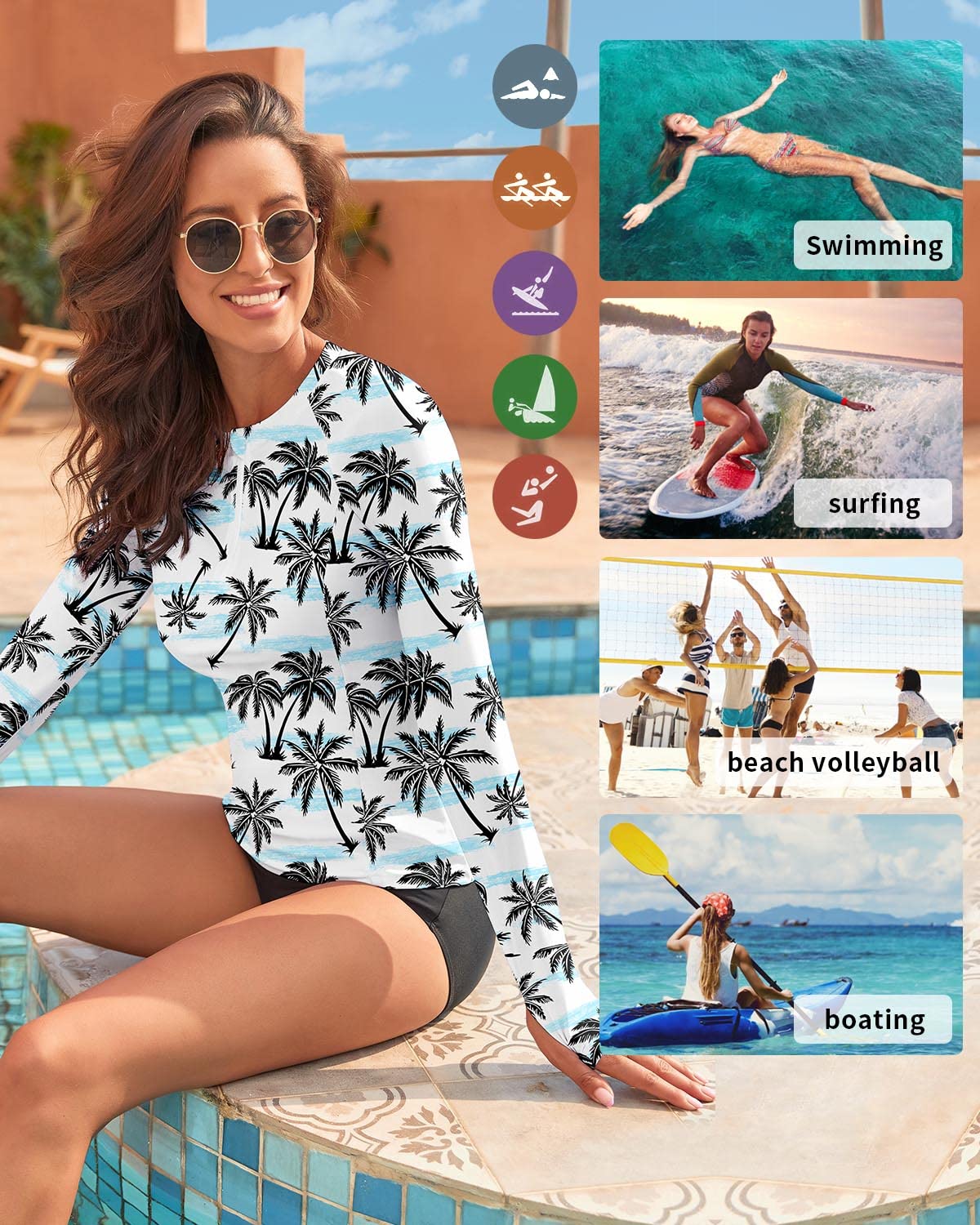 WOWENY Women Rash Guard Long Sleeve Swimsuit Top UPF 50 Sun Protection Swim Shirts Half Zip Bathing Suit No Bottom(A-White Coconut, Medium)