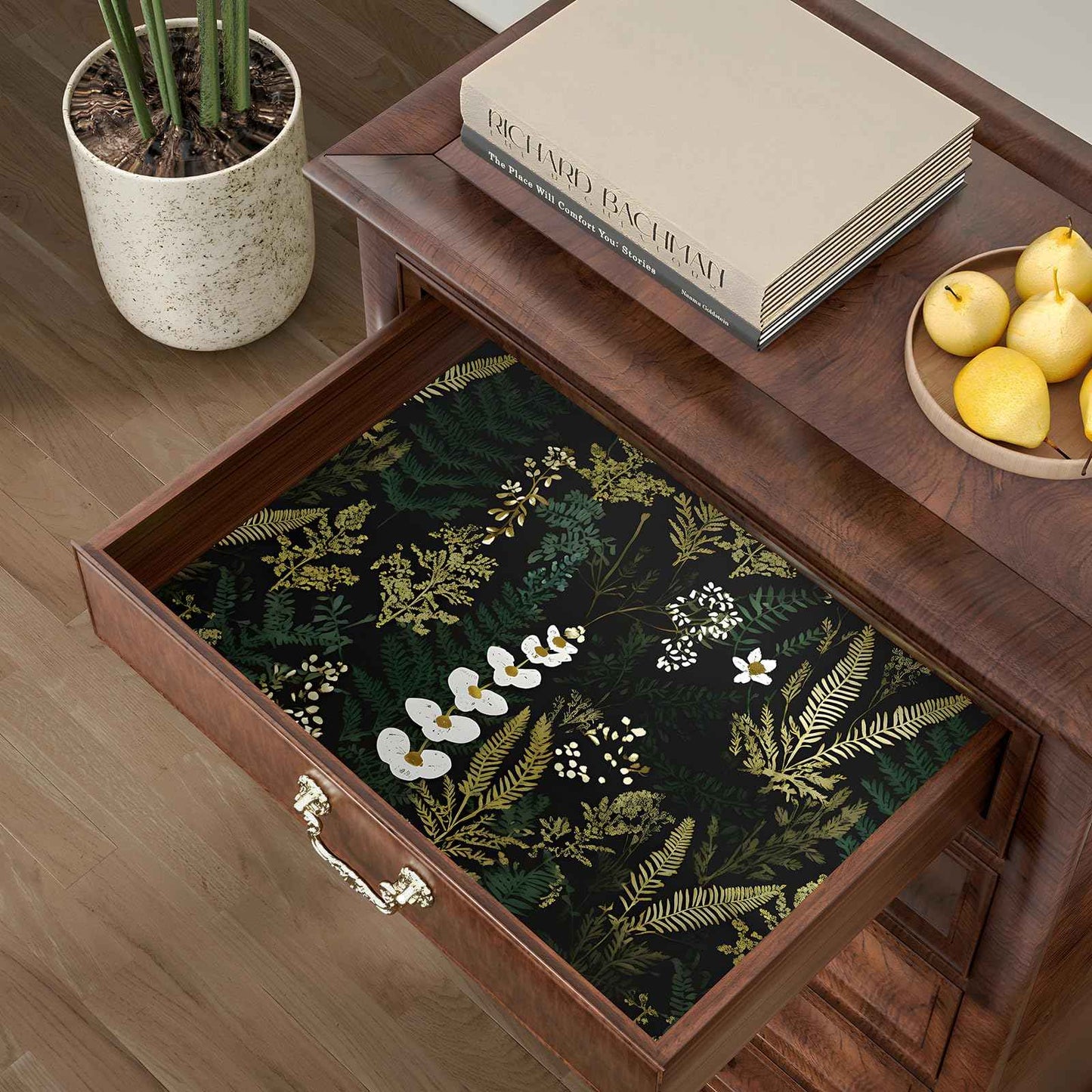 Black Floral Wallpaper Peel and Stick Dark Green Gold Leaf Contact Paper Waterproof Self-Adhesive Forest Tropical Fern Wall Paper for Bedroom Countertop Desk Cabinets 17.4" x 118" Renter Friendly