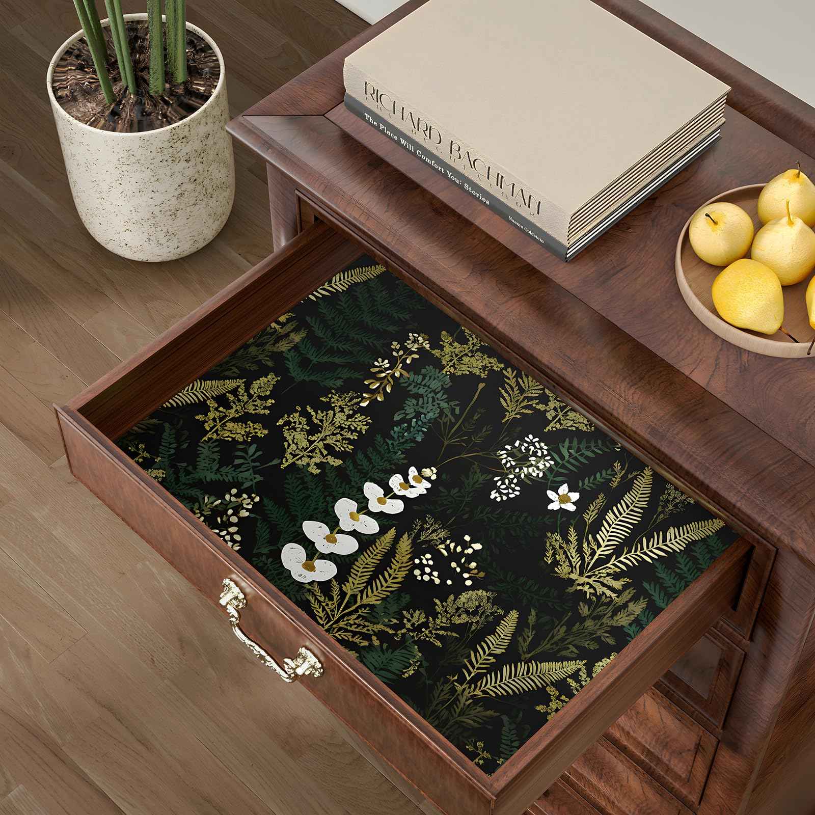 Black Floral Wallpaper Peel and Stick Dark Green Gold Leaf Contact Paper Waterproof Self-Adhesive Forest Tropical Fern Wall Paper for Bedroom Countertop Desk Cabinets 17.4" x 118" Renter Friendly