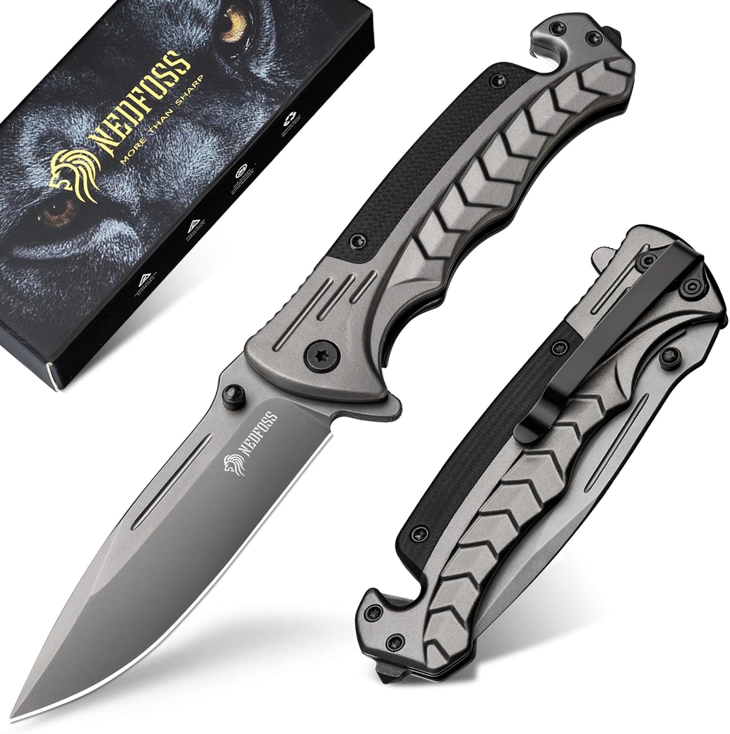 NedFoss FA46N EDC Pocket Knife - 3.35" Tactical Rescue Knife with Glass Breaker & Seatbelt Cutter | Ultralight Grey Aluminum Handle
