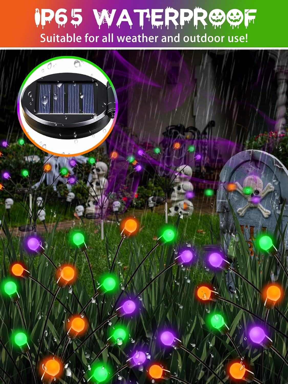 Solar Halloween Pathway Lights - 6 Pack Waterproof Firefly Decor in Orange, Purple & Green