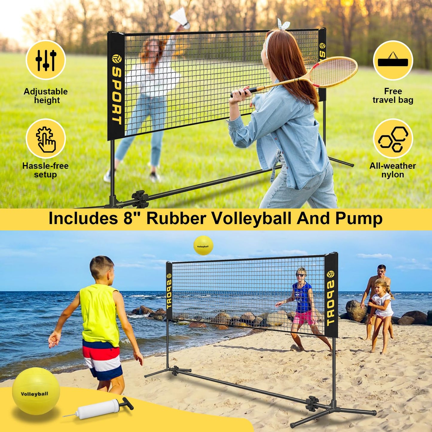 Furypiont 10 FT Mini Portable Volleyball Net Equipment Set with Rubber Volleyball,Pump and Potable Carry Bag.Adjustable Height 2.7FT-5.1FT for Tennis Net,Badminton Net,Soccer Net,Pickleball Net