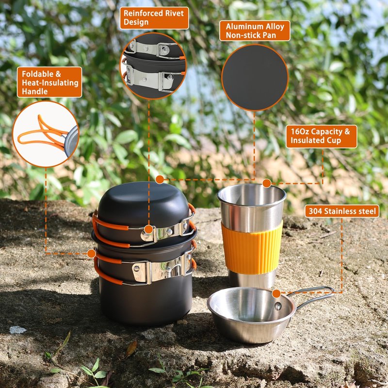 JUSFANE 10Pcs Camping Cookware Mess Kit - 1.2L & 0.6L Camping Pots with Stove, Forks Knives Spoons, Sierra Cup, Canister Stand and 16Oz Stainless Steel Cup for Backpacking, Hiking, Outdoor Cooking