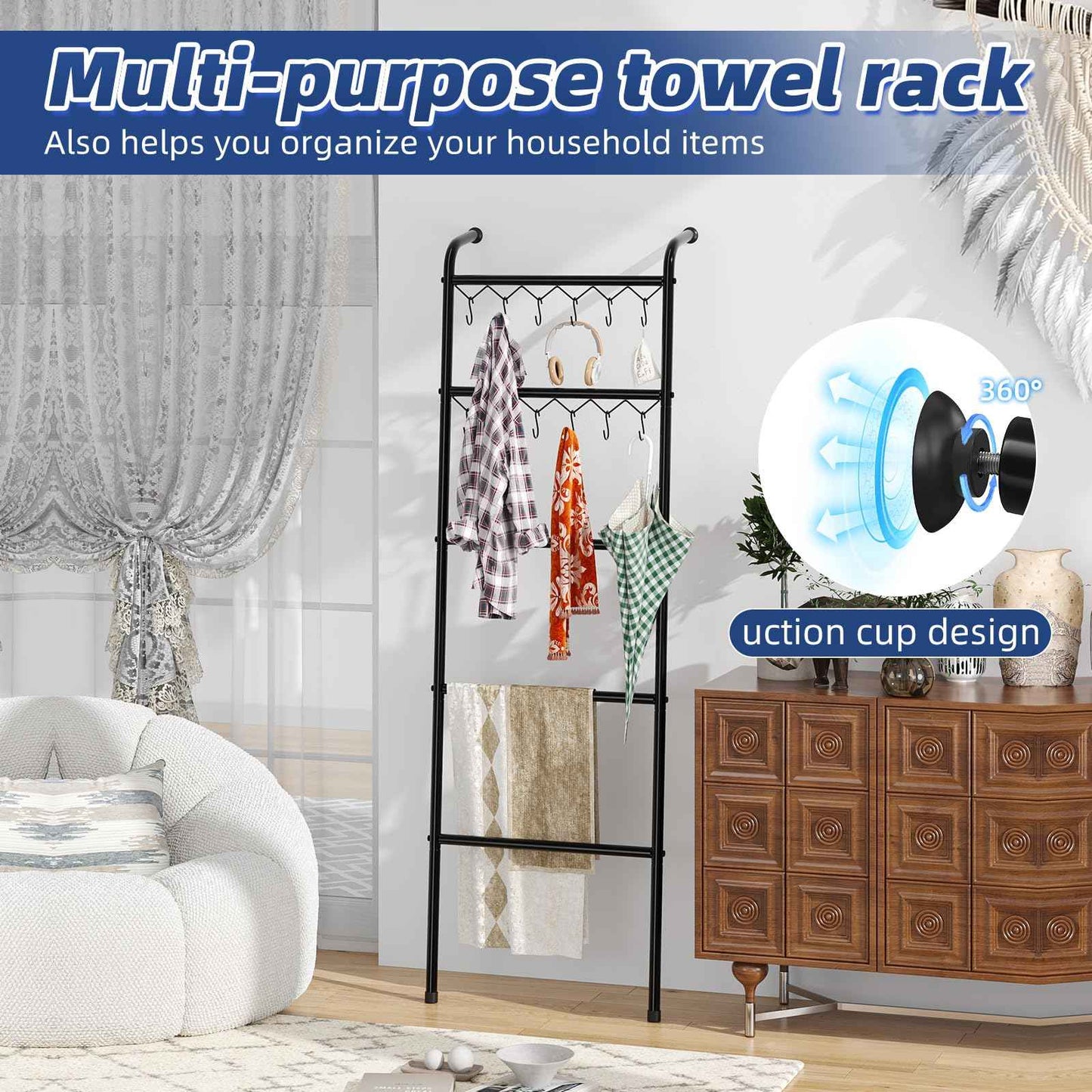 Simple Trending Blanket Ladder，5 Tier Metal Towel Rack with 12 Hooks, 79'' Metal Style Decorative Ladder for The Living Room Bedroom Bathroom Home Decor, Black