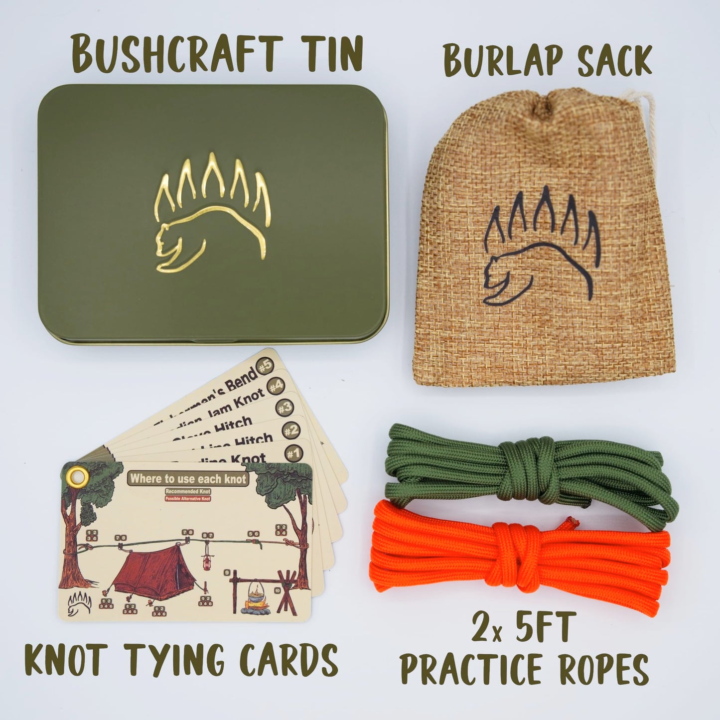 The Bear Essentials Outdoors Knots Tying Kit, includes Waterproof Knot Tying Cards, 2 Practice Ropes, Bushcraft Tin, Burlap Sack | for Outdoor Survival, Backpacking, Hiking & Scouts - Regular Kit