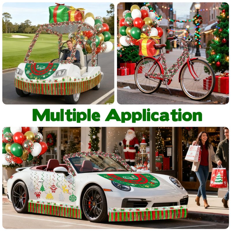 53Pcs Christmas Parade Golf Cart Decoration Set Include Christmas Banner Xmas Snowflake Garland Gift Wrap Xmas Spiral Decorations Balloons for Golf Cart Decor
