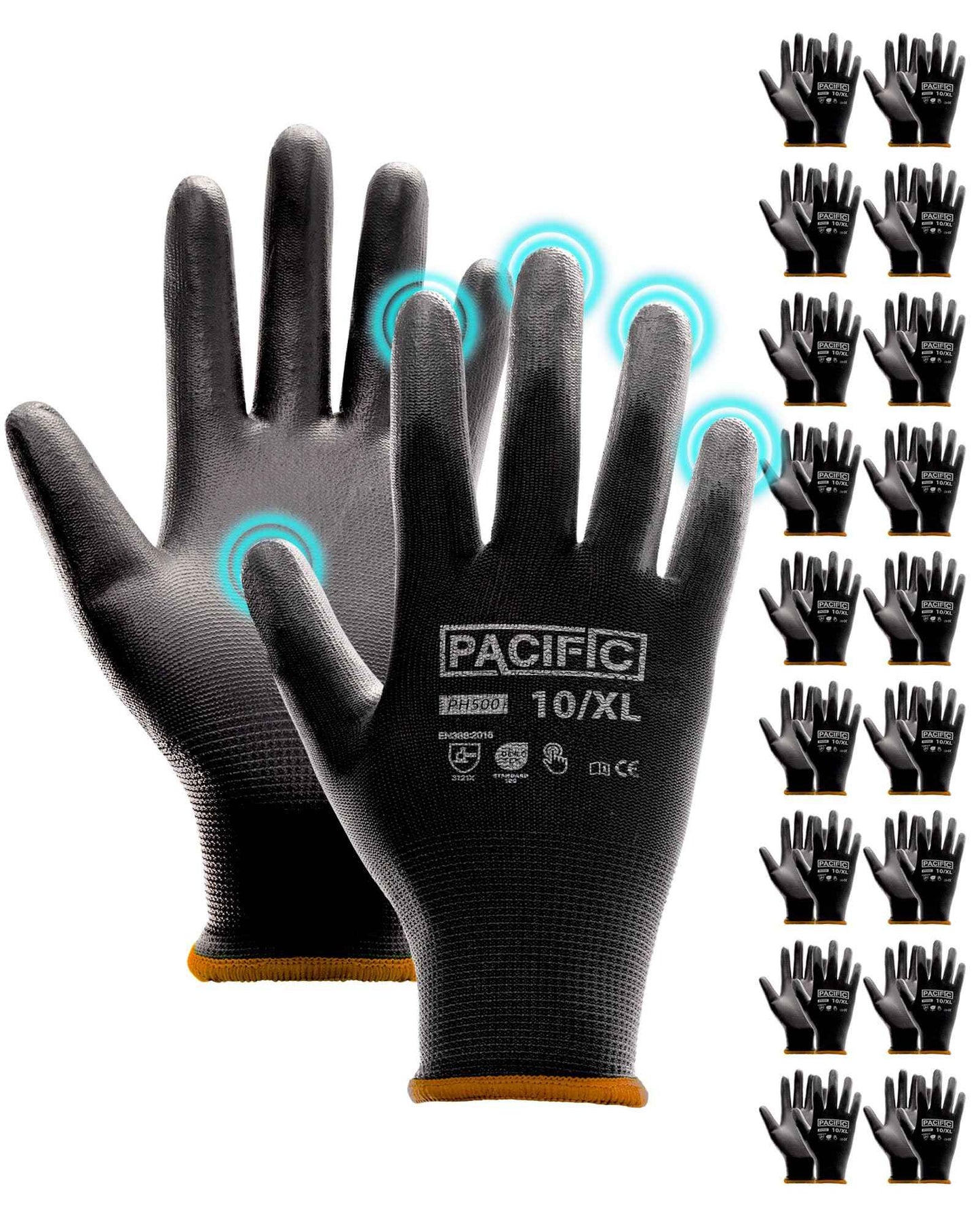 PACIFIC PPE 18 Pairs Work Gloves, PU Coated Seamless Knit Gloves, Touchscreen Safety Gloves with Grip, Ideal for General Duty Work, Men and Women, Black, XL