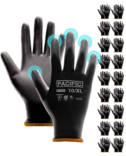PACIFIC PPE 18 Pairs Work Gloves, PU Coated Seamless Knit Gloves, Touchscreen Safety Gloves with Grip, Ideal for General Duty Work, Men and Women, Black, XL