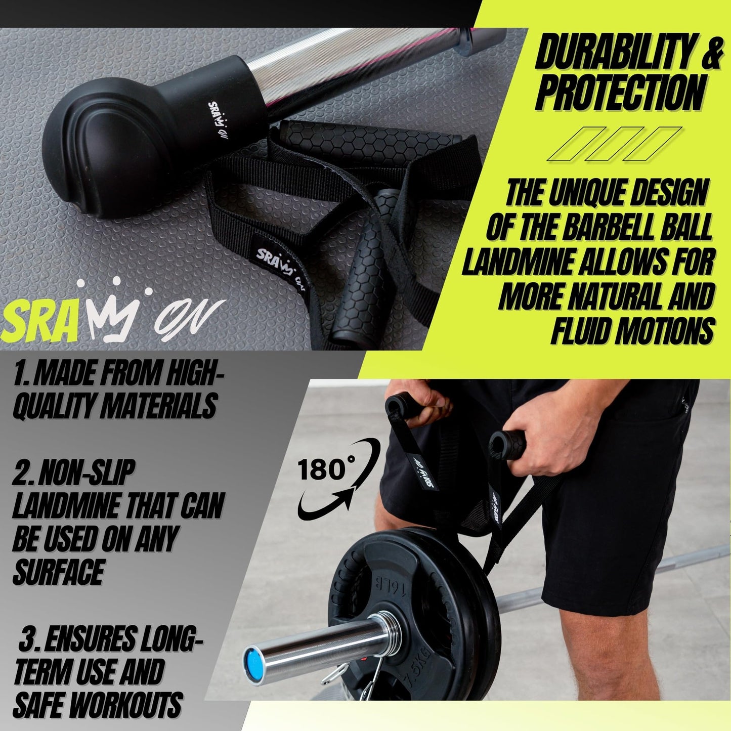 SRAW ON Landmine Attachment for Barbell Set 2 Inch – Landmine Ball with Rotating Strap Handle, Multi-Grip Row, Press & Squat Attachment for Home Gym Strength Training, T bar Row.